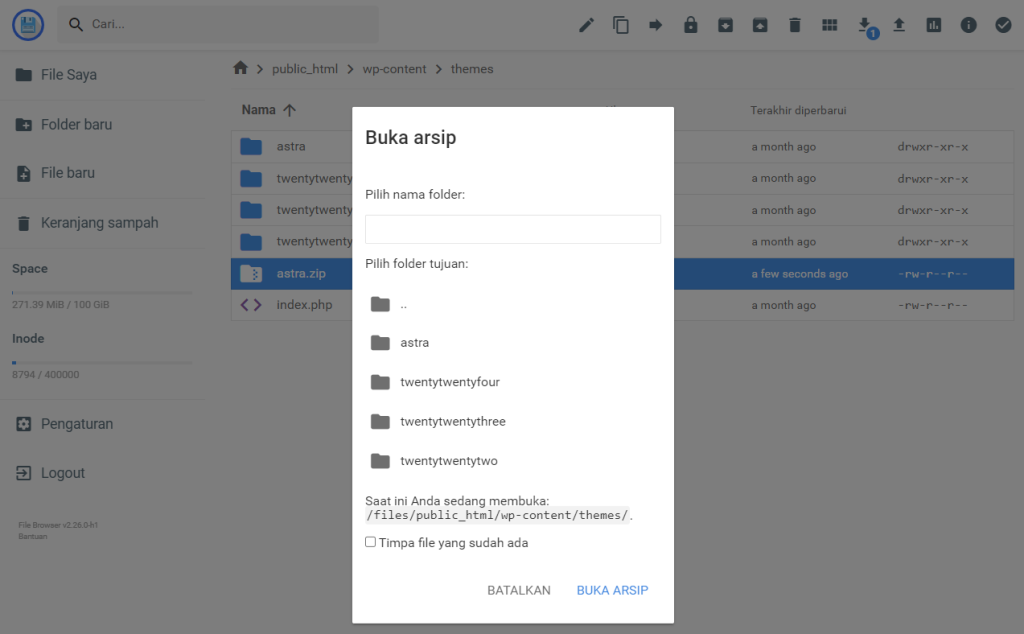 tampilan file manager hostinger dengan opsi buka arsip untuk file zip