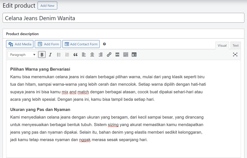 tampilan bagian di woocommerce untuk menambahkan produk baru