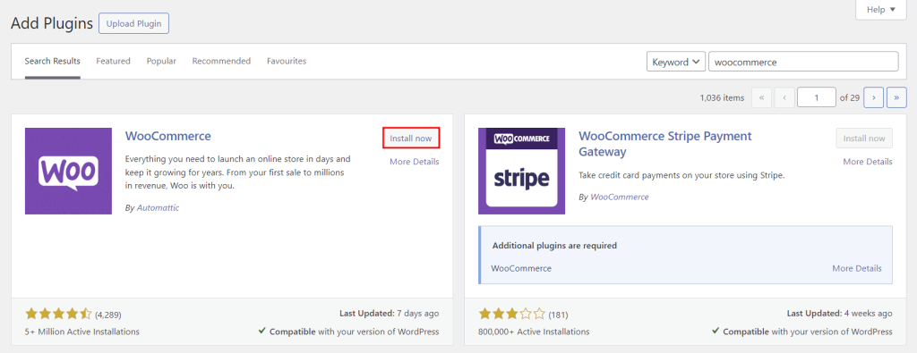 tampilan bagian penginstalan plugin di wordpress dengan tombol install now woocommerce yang dipilih