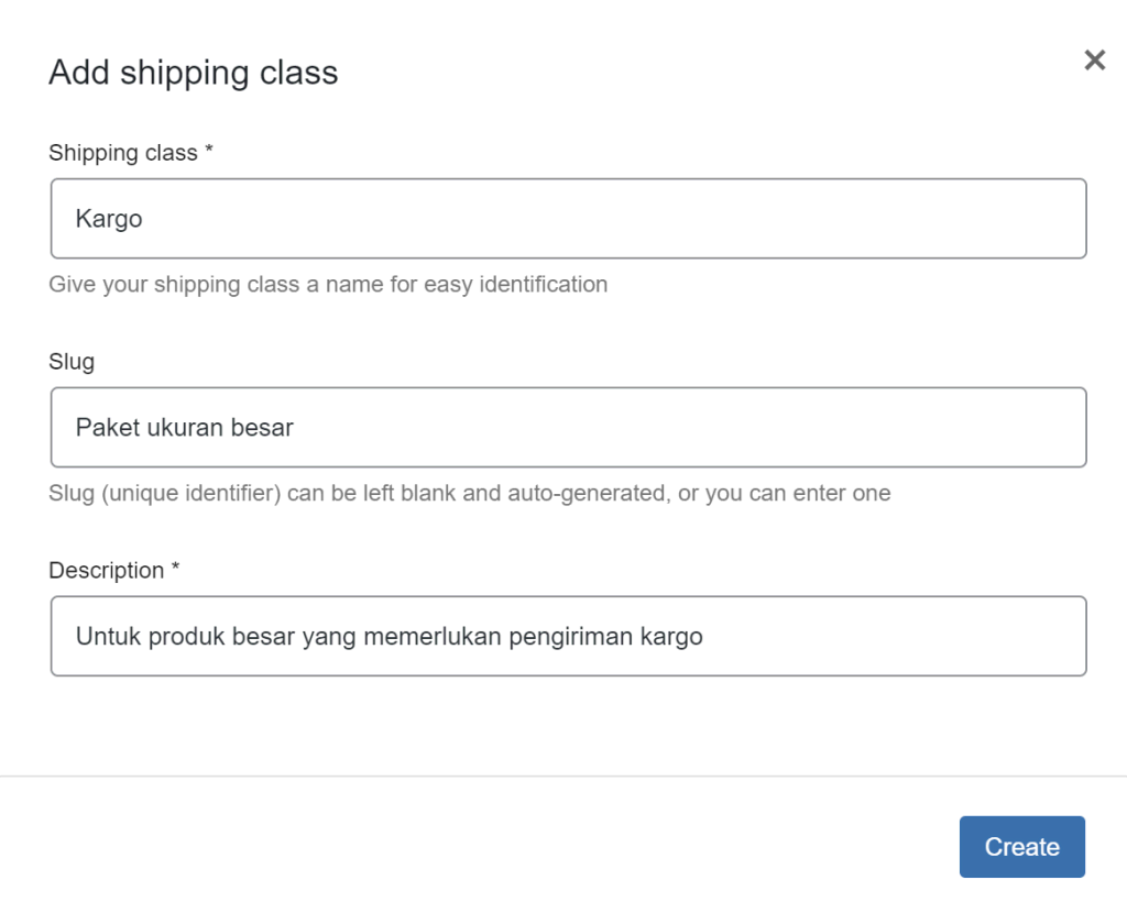 tampilan untuk menambahkan kelas pengiriman woocommerce