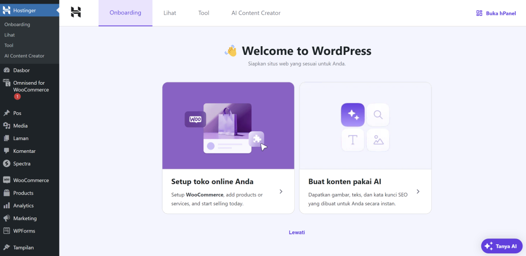 tampilan bagian dashboard wordpress dengan onboarding hostinger untuk menyiapkan toko online woocommerce