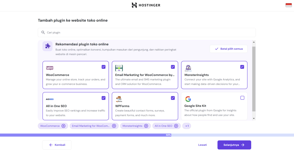 tampilan bagian rekomendasi plugin pada onboarding hpanel