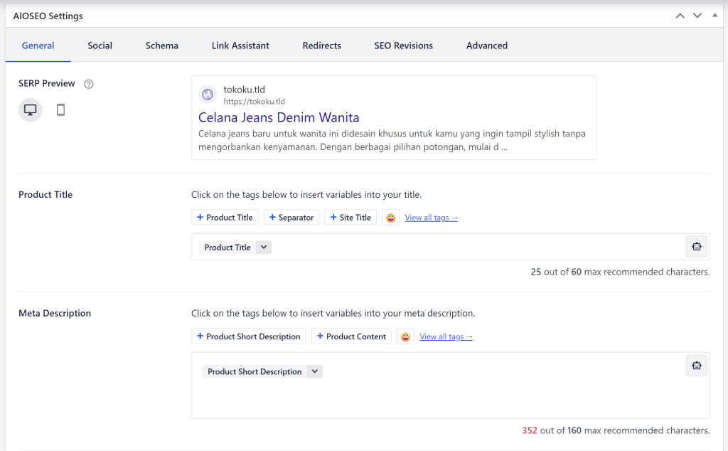 tampilan bagian seo produk aioseo wordpress