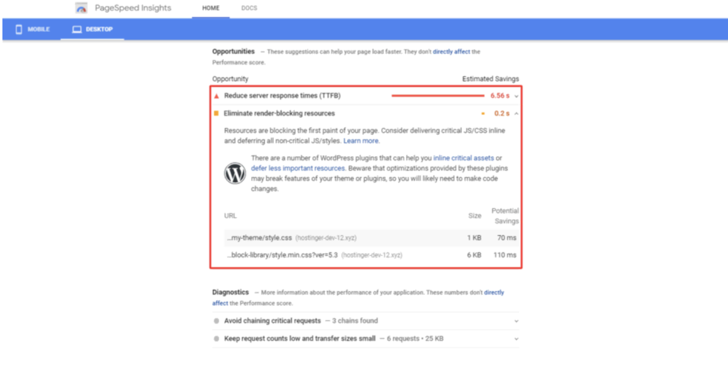 tampilan google pagespeed insights menunjukkan error eliminate render-blocking resources