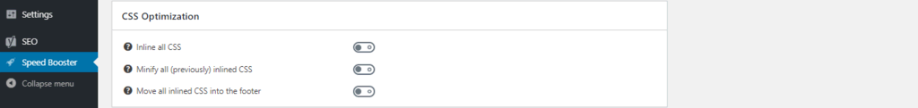 tampilan plugin speed booster menunjukkan bagian optimasi css