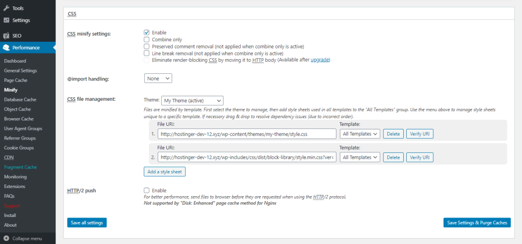 tampilan plugin w3 total cache menunjukkan bagian pengaturan minify css