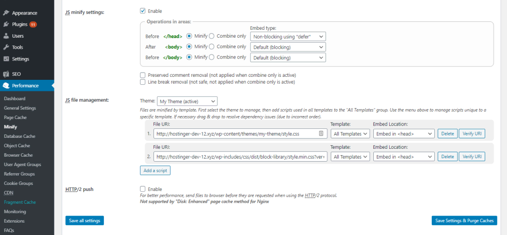 tampilan plugin w3 total cache menunjukkan bagian pengaturan minify js