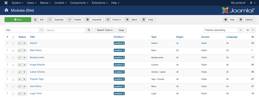 Menu modules di dashboard Joomla