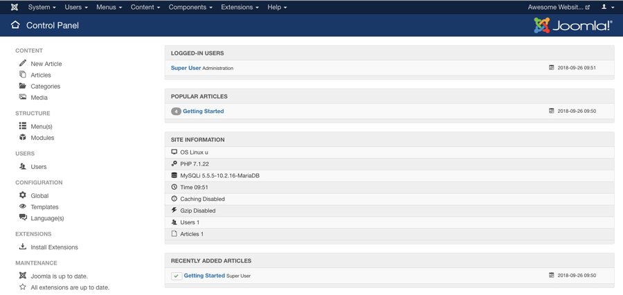 Tampilan utama dashboard Joomla