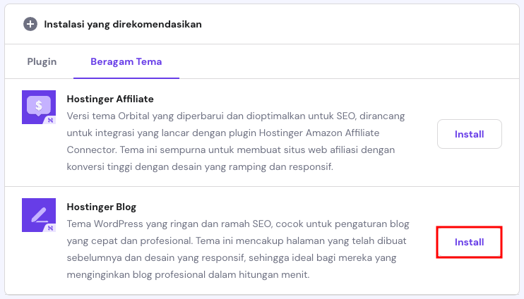 tampilan bagian instalasi yang direkomendasikan di hpanel menunjukkan tema blog hostinger