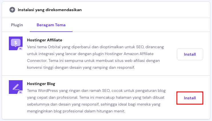 tampilan bagian instalasi yang direkomendasikan di hpanel menunjukkan tema blog hostinger