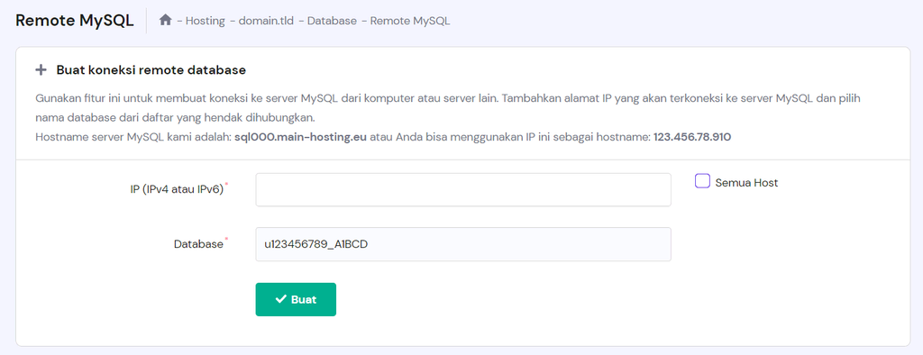 Opsi untuk mebuat koneksi remote database di hPanel