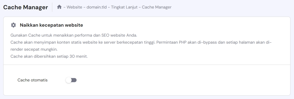 tampilan fitur cache manager di hpanel untuk menghapus cache wordpress