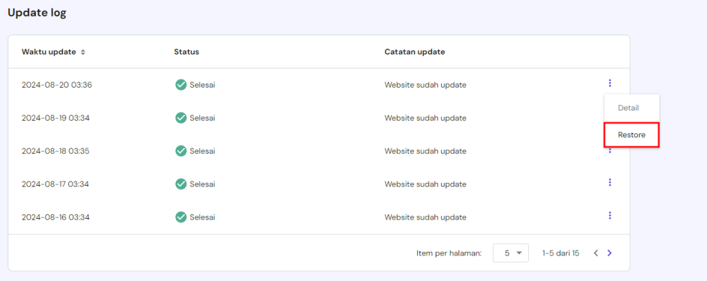 tampilan bagian update log di hpanel dengan tombol restore yang dipilih