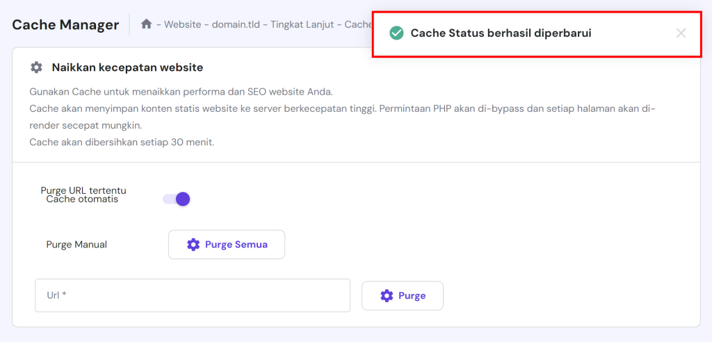 tampilan fitur cache manager hpanel dengan status yang sudah diperbarui