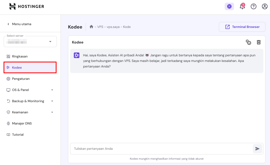 tampilan bagian vps di hpanel yang menunjukkan kodee asisten ai vps hostinger