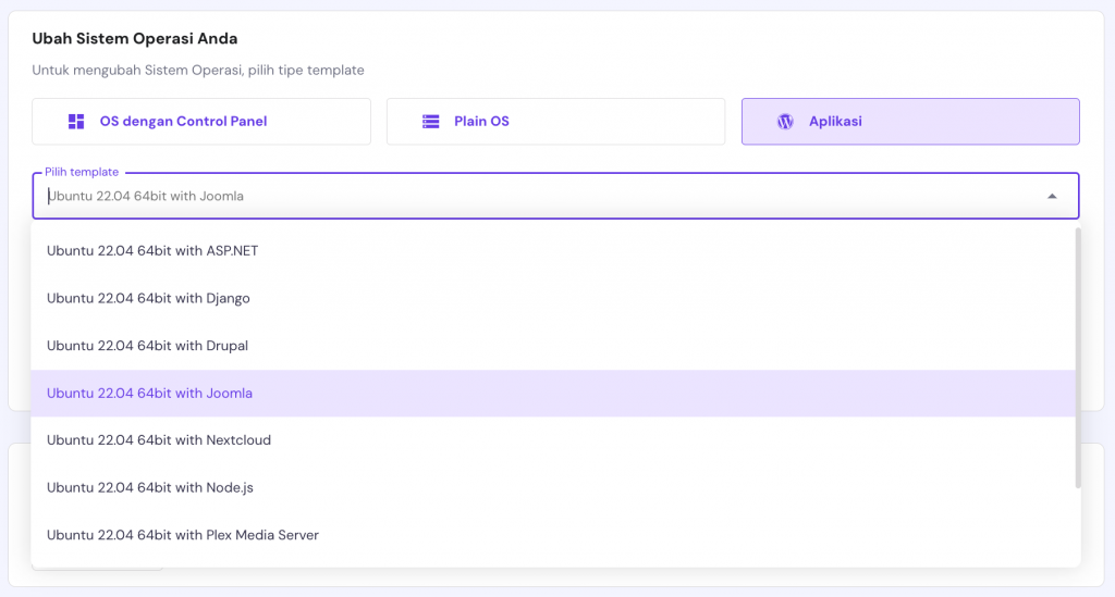 La página de sistemas operativos en hPanel. La plantilla Joomla está seleccionada.