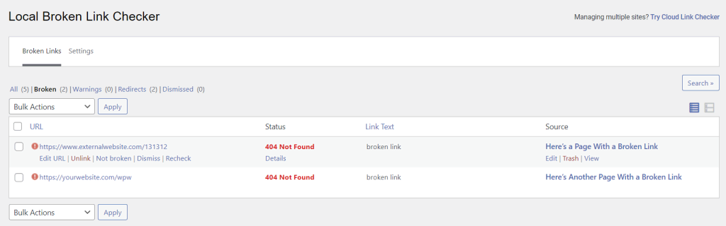 tampilan hasil link yang rusak dari plugin broken link checker