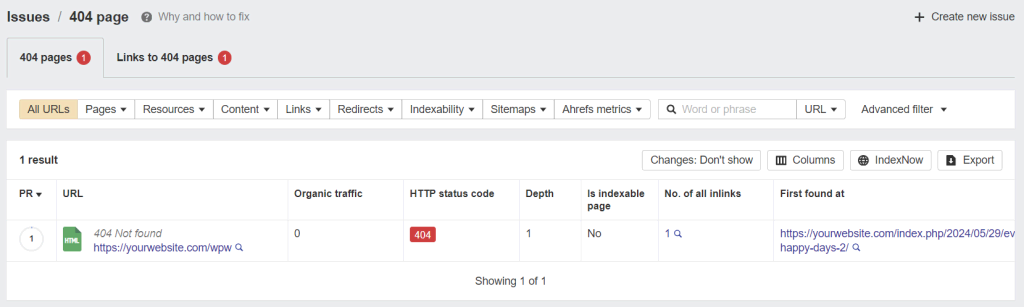 tampilan halaman ahrefs yang menunjukkan detail masalah site audit