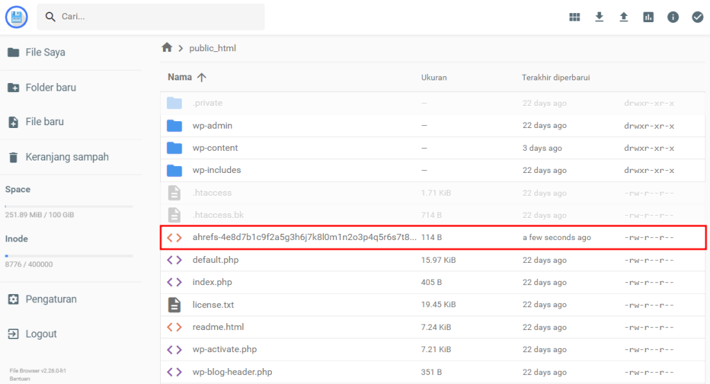 tampilan file manager hostinger dengan file html verifikasi ahrefs yang dipilih