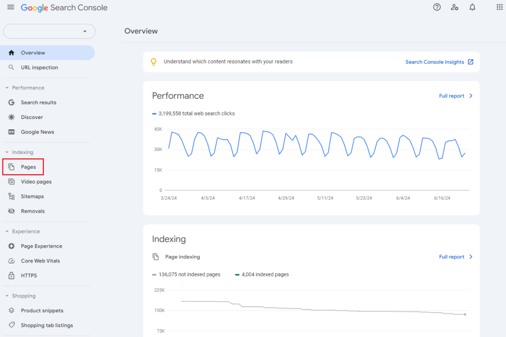 tampilan halaman utama google search console dengan tombol pages yang dipilih