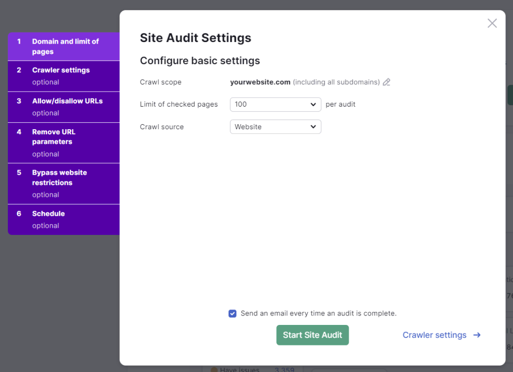 tampilan halaman pengaturan site audit semrush