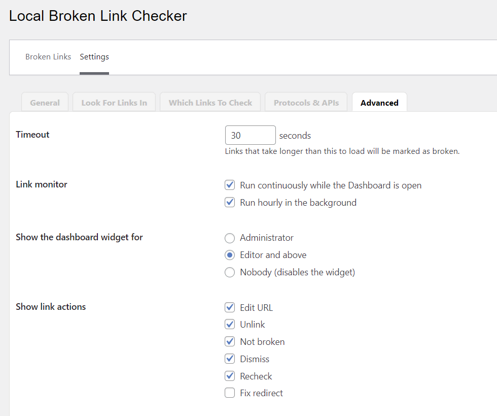 tampilan bagian pengaturan tingkat lanjut plugin broken link checker