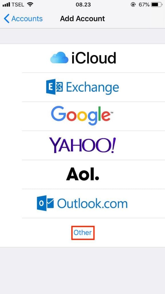 Pilih opsi other di menu untuk menambahkan akun iphone email