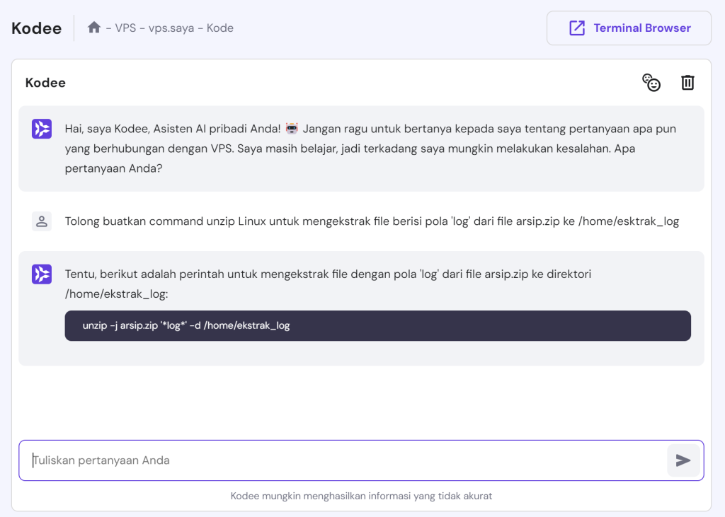 tampilan contoh penggunaan kodee untuk membuatkan command unzip