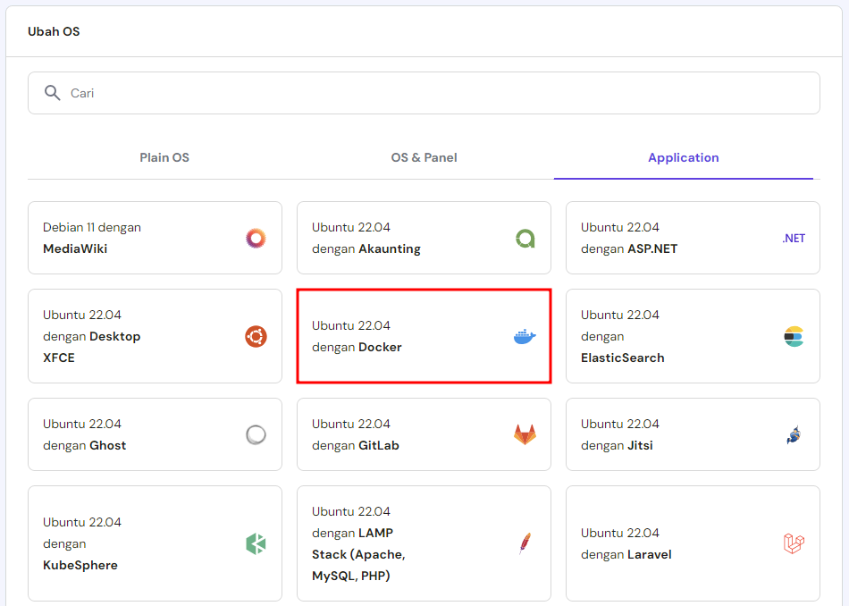 tampilan bagian sistem operasi vps di hpanel dengan ubuntu with docker yang dipilih