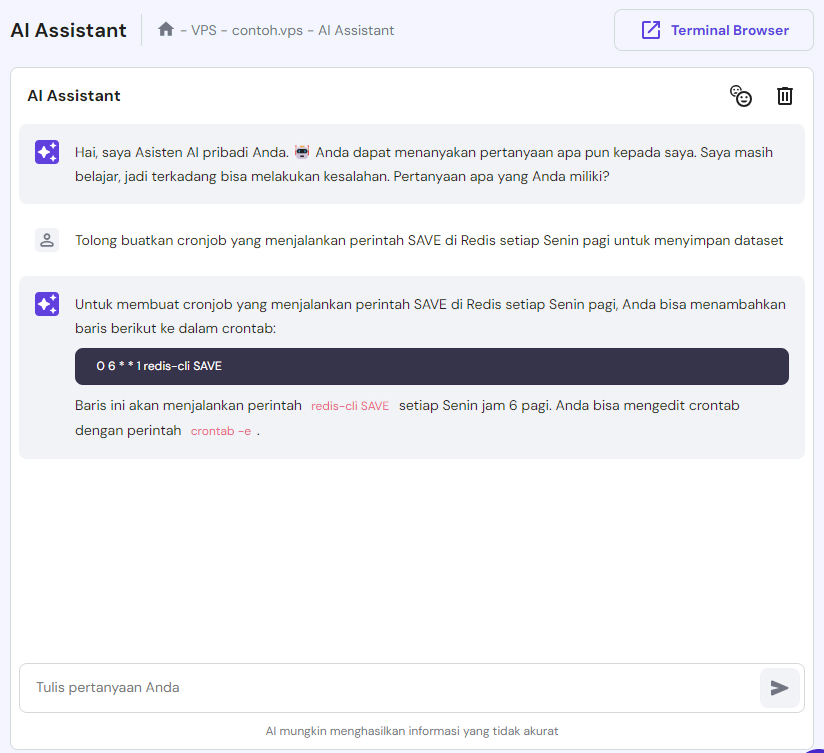 tampilan vps ai assistant hostinger dengan prompt untuk cronjob redis