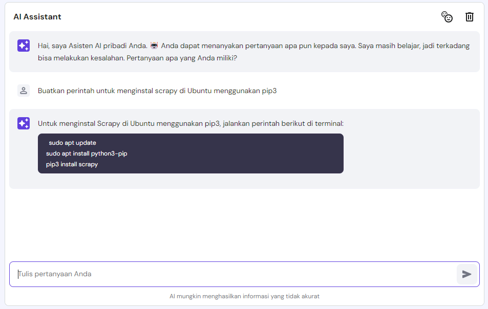 tampilan vps ai assistant hostinger dengan prompt untuk membuatkan perintah menginstal scrapy pip3