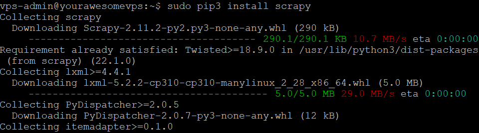 tampilan command-line interface menunjukkan pip yang menginstal scrappy