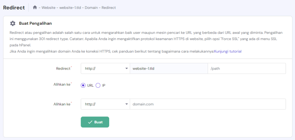 tampilan bagian domain di hpanel menunjukkan opsi redirect