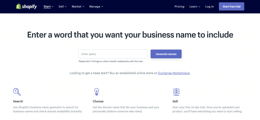 landing page shopify name generator