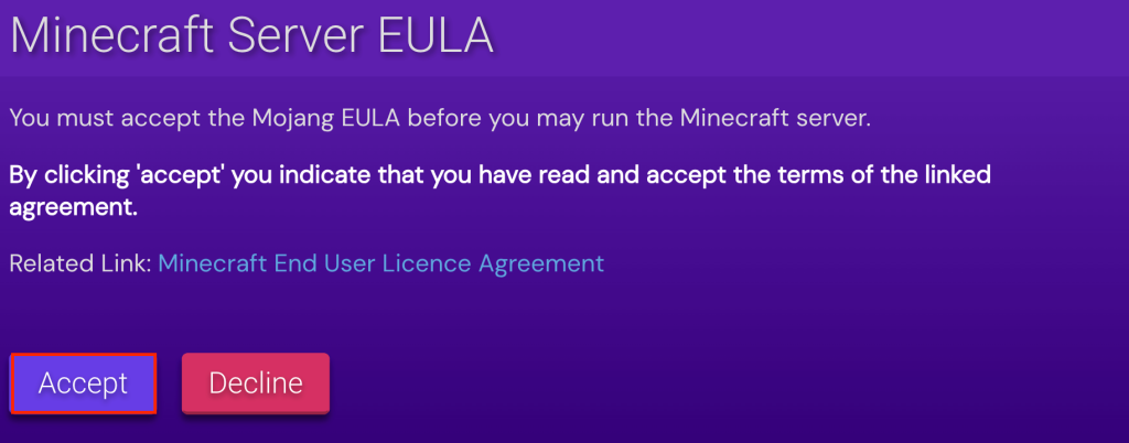 tampilan eula microsoft untuk minecraft di game panel hostinger