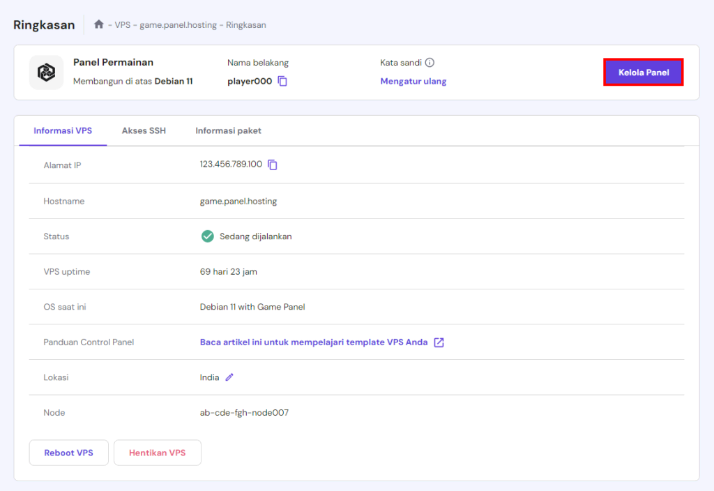tampilan game panel hosting di vps hostinger dengan tombol kelola yang dipilih