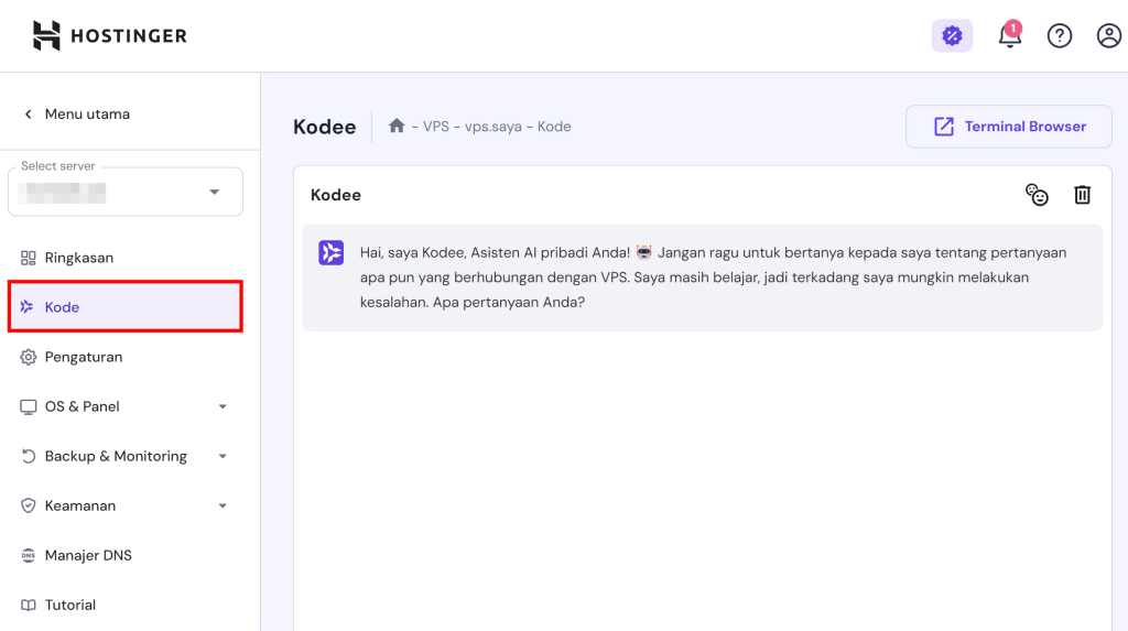 tampilan bagian vps di hpanel yang menunjukkan kodee asisten ai vps hostinger
