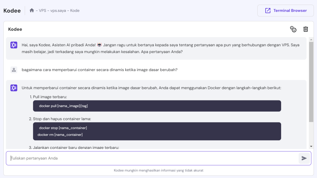 tampilan kodee hostinger yang menunjukkan contoh mengelola docker