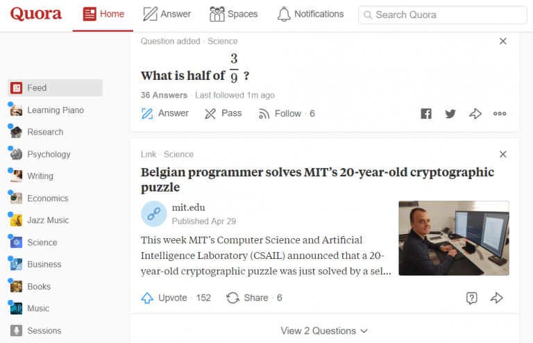 tampilan homepage quora