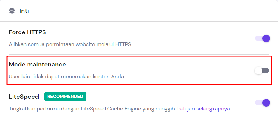 opsi Mode maintenance pada bagian Inti di hPanel
