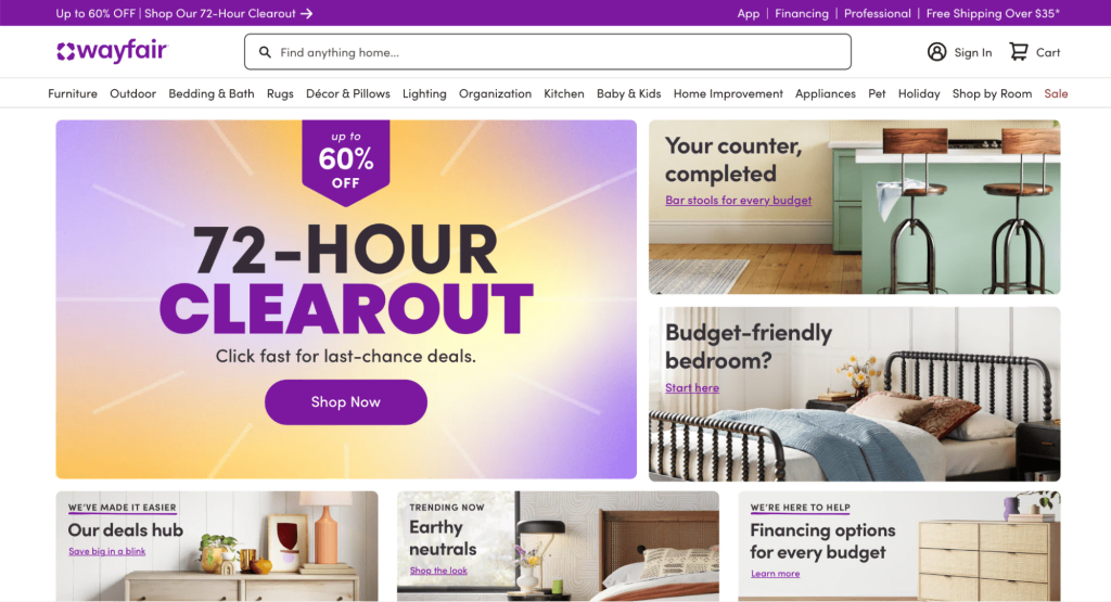 tampilan homepage website wayfair