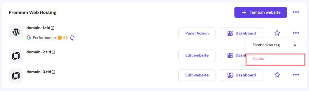 tampilan bagian website di hpanel dengan menu hapus website yang dipilih