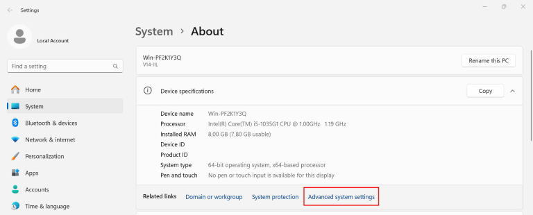 tampilan menu sistem di windows dengan bagian advanced system settings yang dipilih