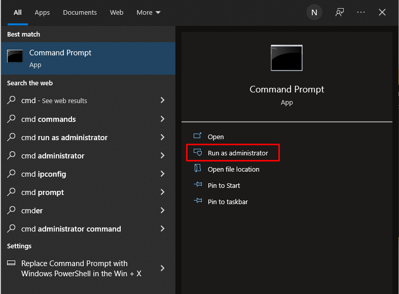 memilih command prompt di start menu windows