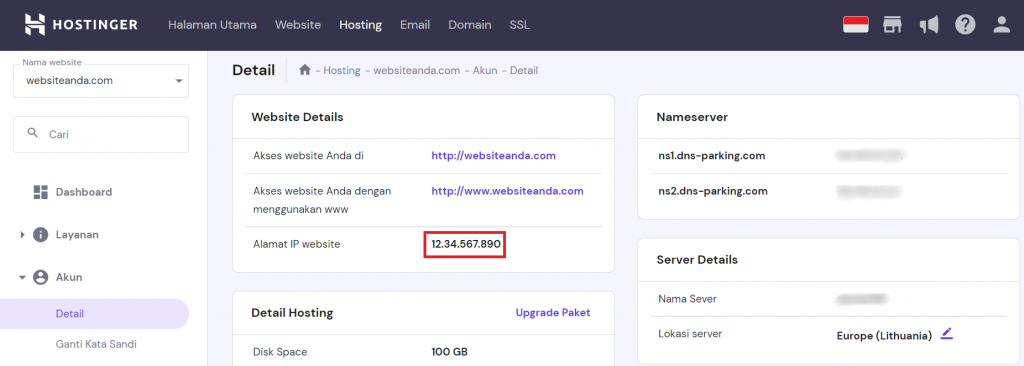 alamat ip hpanel hostinger
