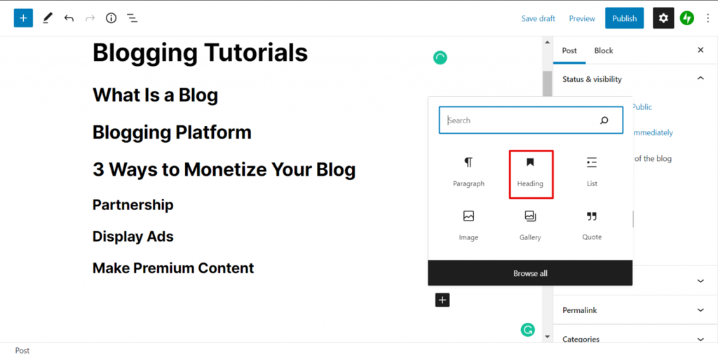 cara menambahkan block heading di wordpress