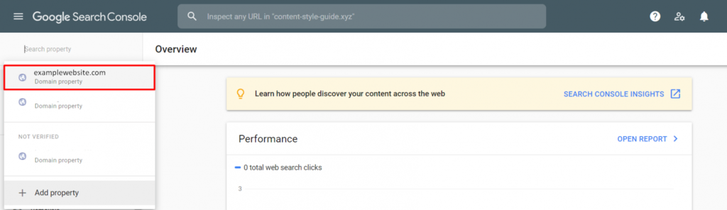 Memilih website pada dasbor Google Search Console