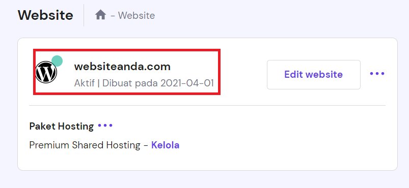 memilih website yang akan disiapkan di hpanel