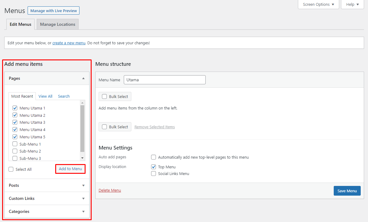 Cara Membuat Menu Di WordPress & Sub Menu (Drop-Down)